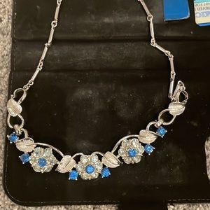 Vintage silver and blue stone costume necklace rhinestones